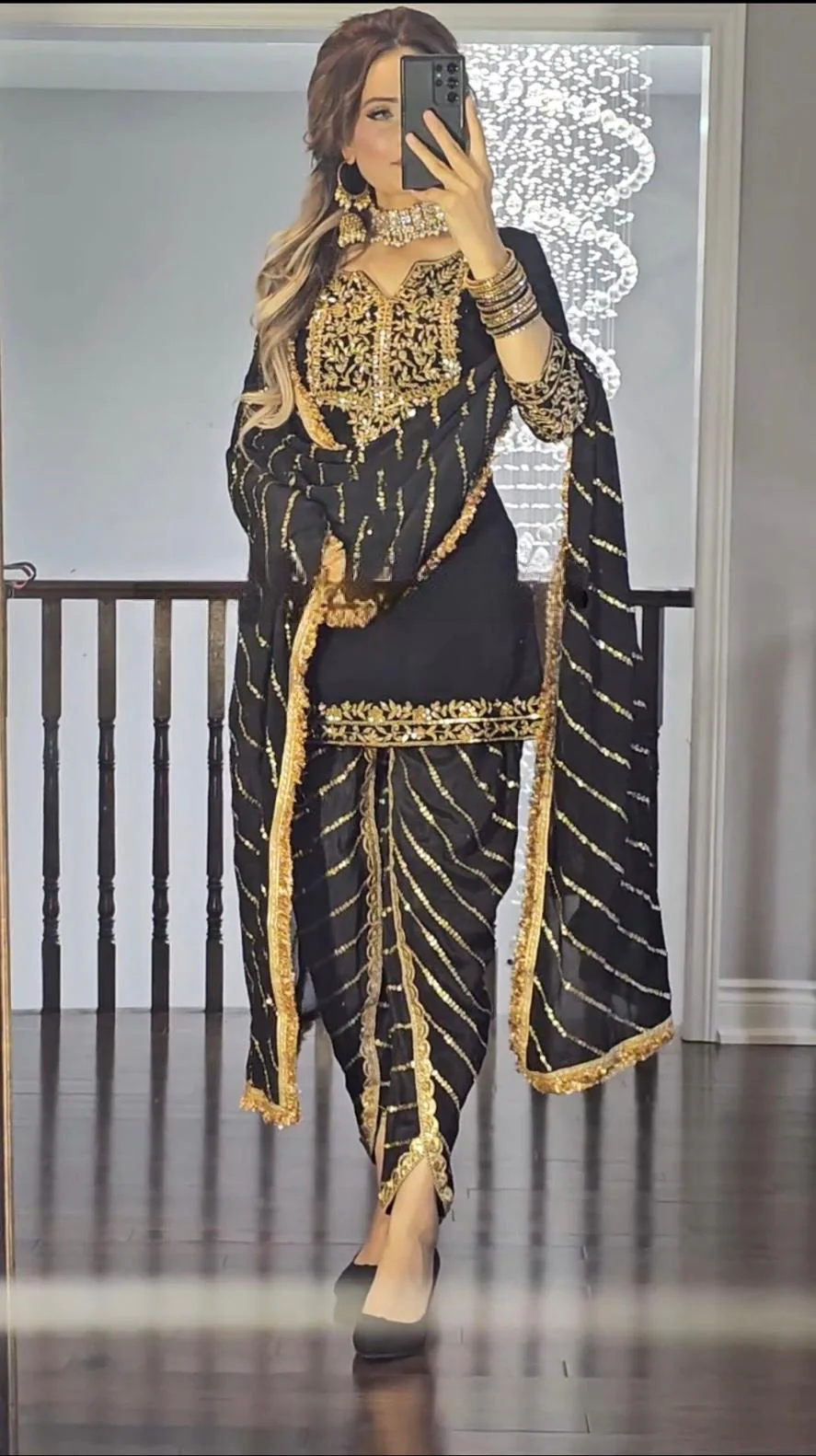 Black New Party Wear Look Top Dhoti Salwar and Dupatta Set - Image 3