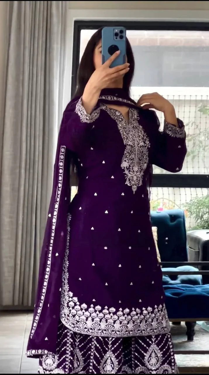 Deep Purple and Wine Gharara Set with Intricate White Embroidery - Image 10