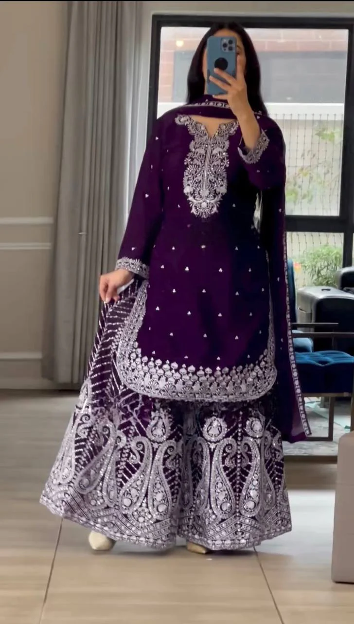 Deep Purple and Wine Gharara Set with Intricate White Embroidery - Image 8