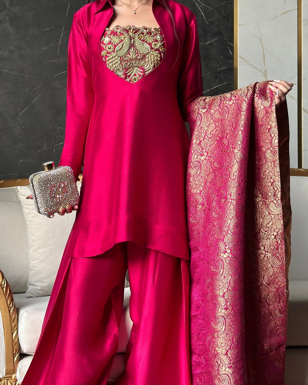 Deep Rani Pink Silk Patiala Suit with Heavy Bids Hand Work Neckline & Jacquard Dupatta set - Image 4