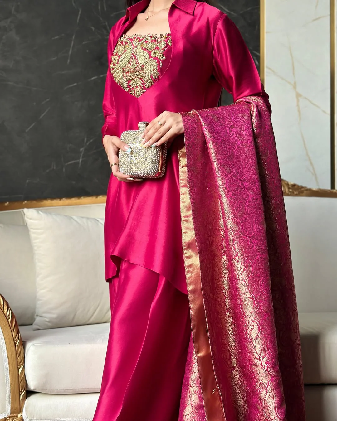 Deep Rani Pink Silk Patiala Suit with Heavy Bids Hand Work Neckline & Jacquard Dupatta set - Image 5