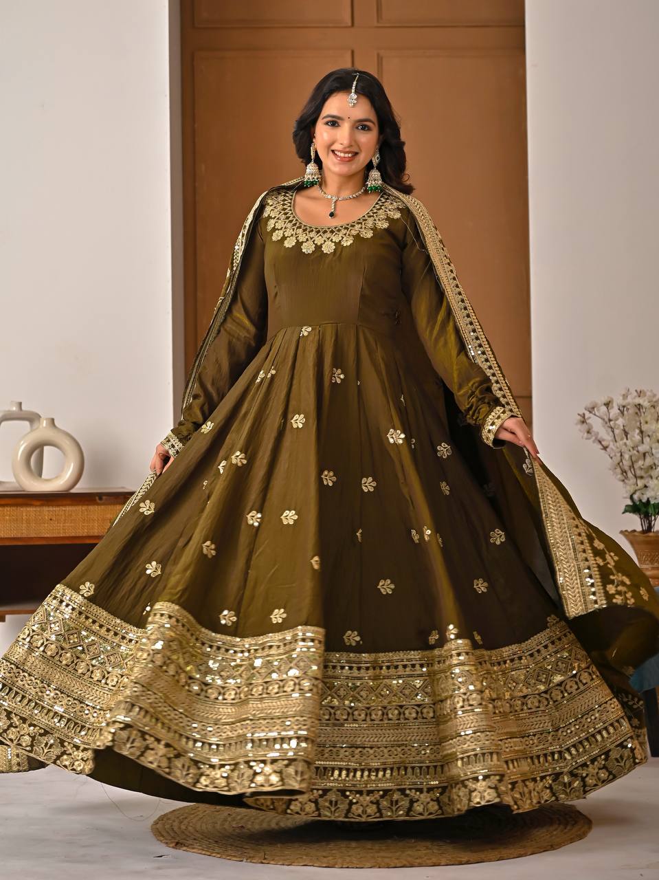 Elegant Olive Green Festive Gown - Image 2