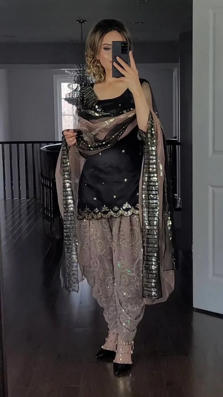 Black and Chiku Colour Party Wear Look Top Dhoti and Dupatta Set - Image 2