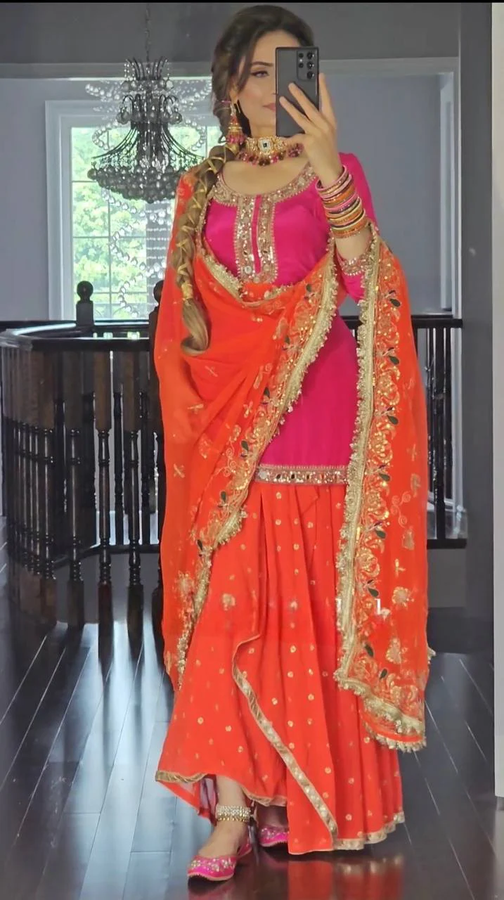Two Colour Launching New Party Wear Look Top Dhoti Skirt and Dupatta Set - Image 5