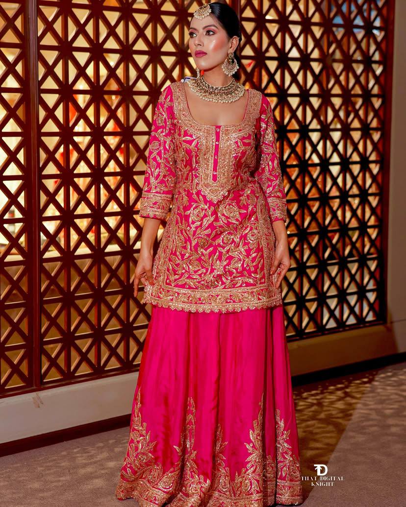 Olive Green & Fuchsia Pink Gharara Suits - Image 7