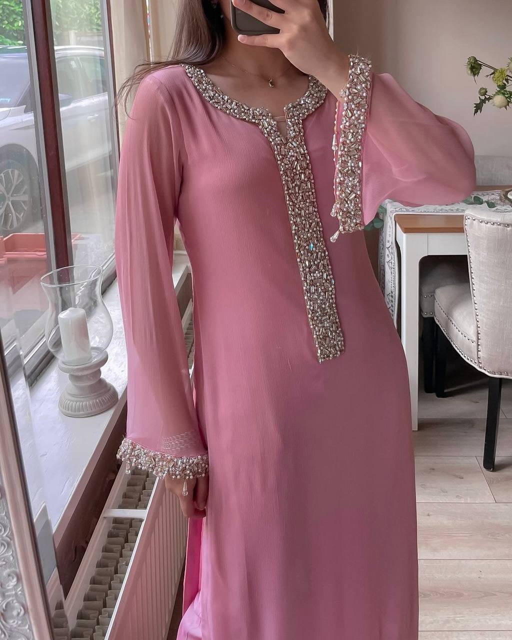 Desirable fancy faux georgette real pearl hand work top and pant with dupatta Suit Set - Image 4