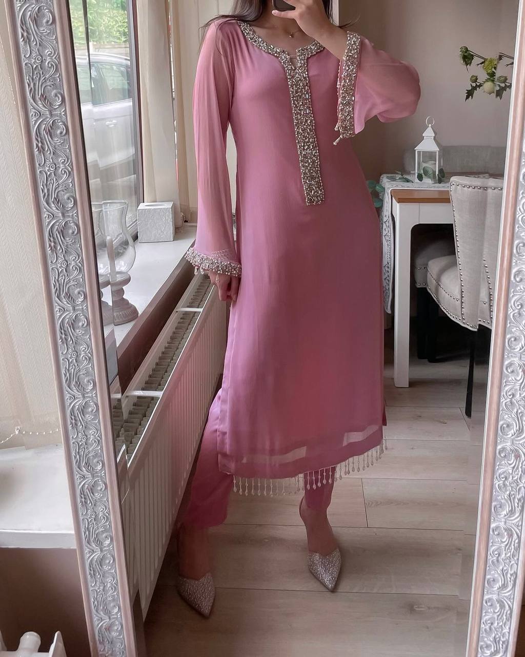 Desirable fancy faux georgette real pearl hand work top and pant with dupatta Suit Set - Image 6